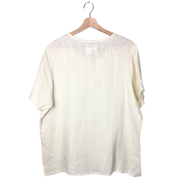 Flax Pale Yellow Square Plaid Short Sleeve Linen Blouse M - Picture 2 of 5